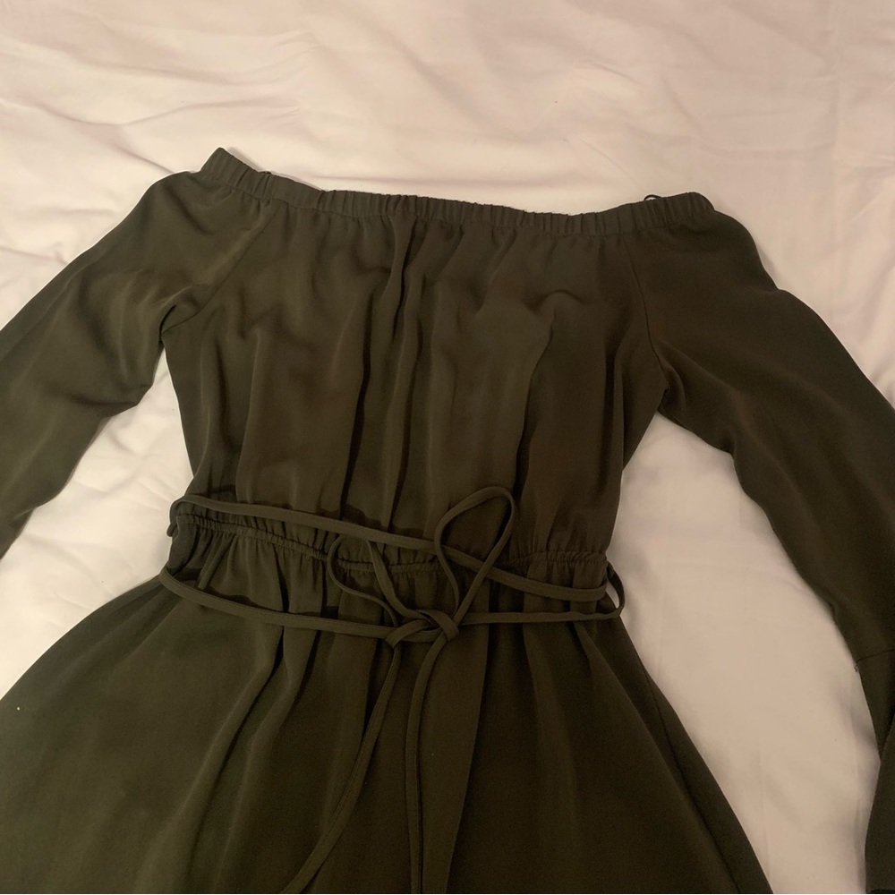 Elegant Khaki Off-Shoulder Princess Dress | Resort Chic | Coastal Luxe Style - Picture 4 of 7